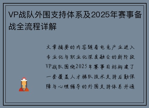 VP战队外围支持体系及2025年赛事备战全流程详解